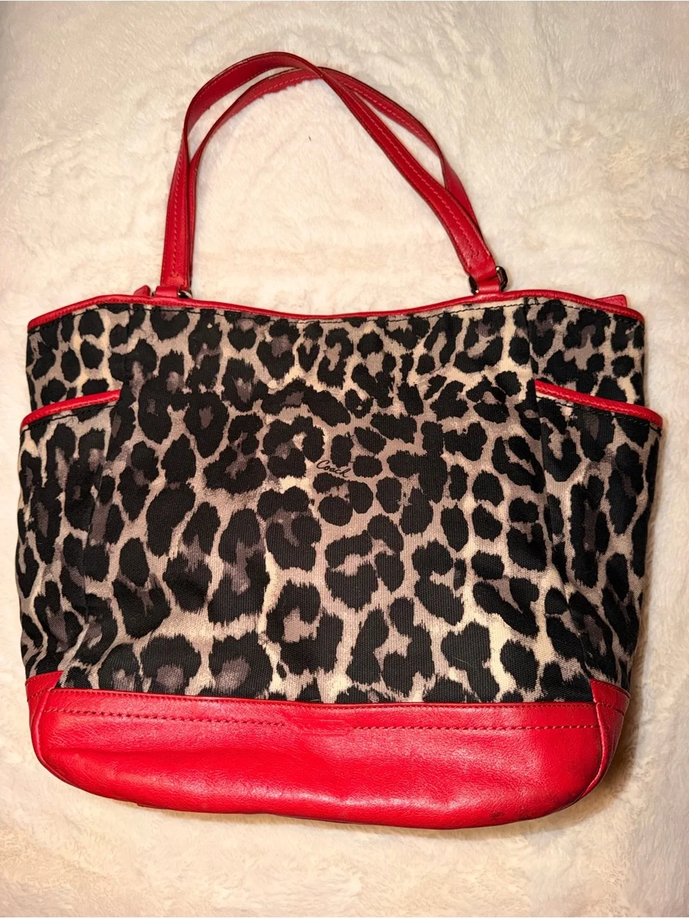 Coach Leopard-Print Tote with Red Leather Accents